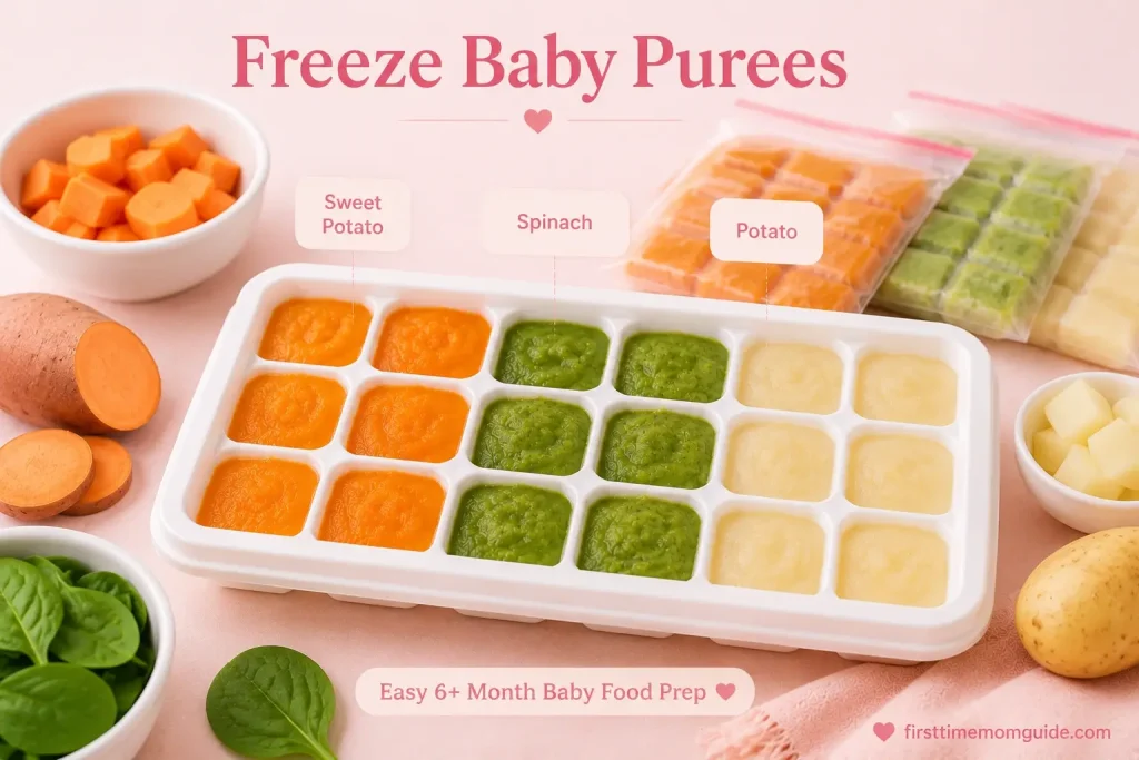 Frozen baby food puree cubes in an ice tray with sweet potato, spinach, and potato for easy baby meal prep.