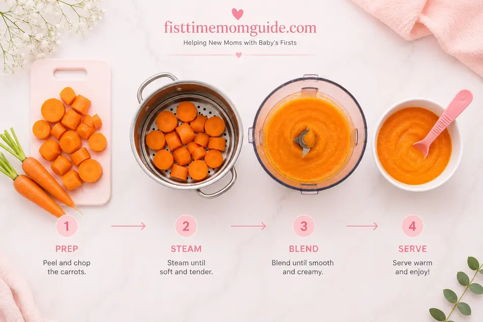 Step-by-step homemade carrot baby puree recipe showing raw carrots, steamed carrots, blended carrot puree, and finished baby food in a bowl with a pink silicone spoon on a soft pink marble background.