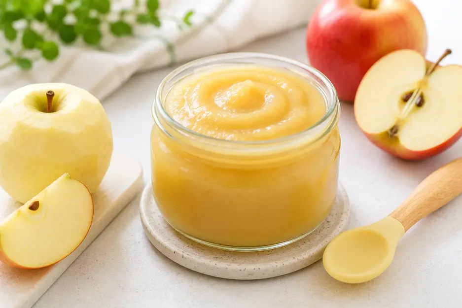 Homemade apple puree for baby made with fresh apples in a glass jar, nutritious first fruit for babies starting solids at 6 months old.