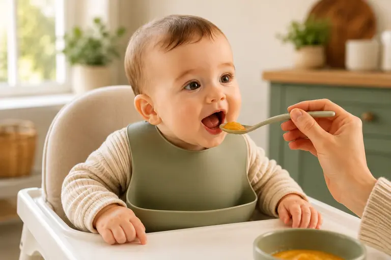 When can my baby start eating real food? Baby with good head control eagerly reaching for a spoon of puree while sitting upright in a high chair.