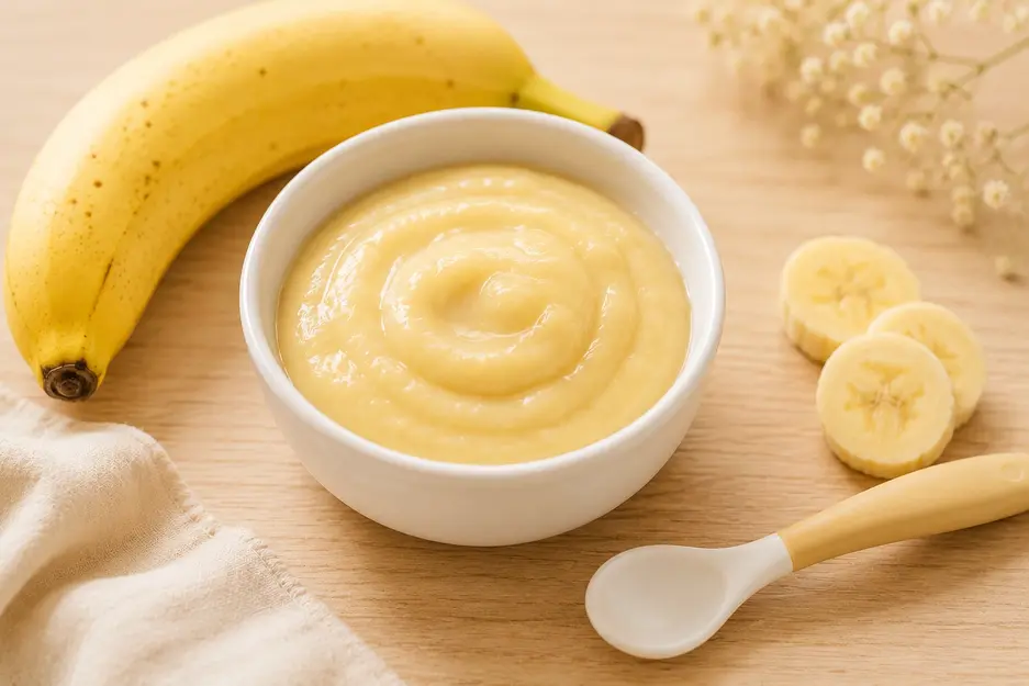 Homemade banana puree for baby made with ripe banana and a baby spoon, healthy first food for babies starting solids at 6 months old.