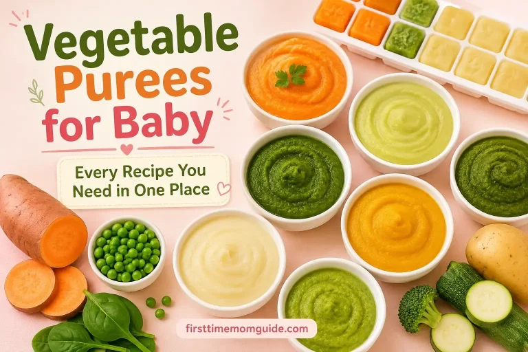 "Vegetable purees for baby infographic featuring sweet potato, peas, spinach, zucchini, and potato puree recipes for babies starting solids."