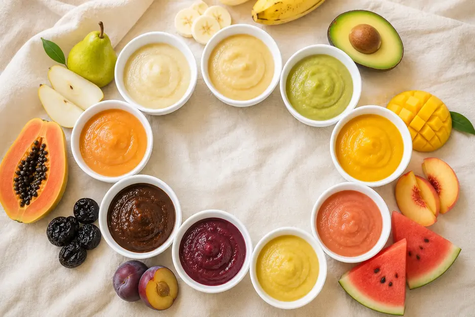 10 best fruit purees for 6 month old babies including banana, pear, avocado, mango, peach, papaya, prune, plum and watermelon for starting solids and homemade baby food.