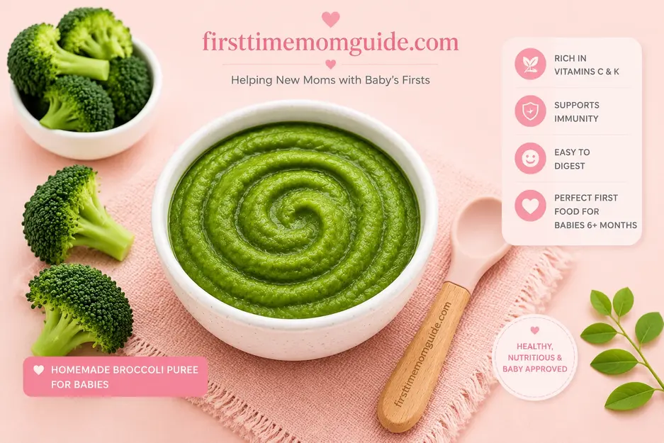Homemade broccoli puree for babies with fresh broccoli and pink spoon, healthy first food for solids.