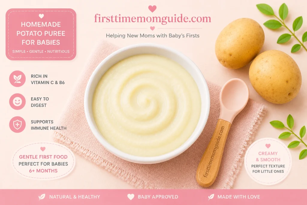 Homemade potato puree for babies with fresh potatoes and pink spoon, healthy first food for solids.