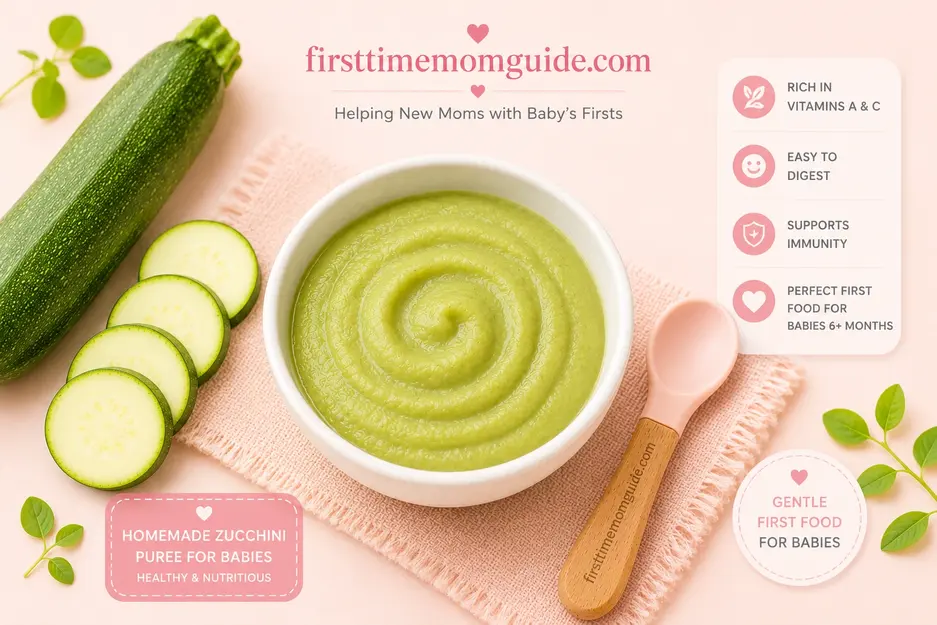 Homemade zucchini puree for babies with fresh zucchini and pink spoon, healthy first food for solids.