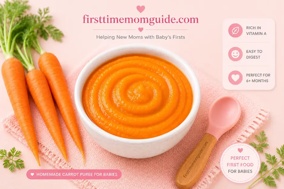 Homemade carrot puree for babies with pink spoon, healthy first food for baby-led weaning.