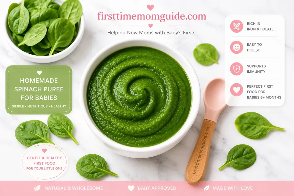 Homemade spinach puree for babies with fresh spinach leaves, healthy first food for baby-led weaning.