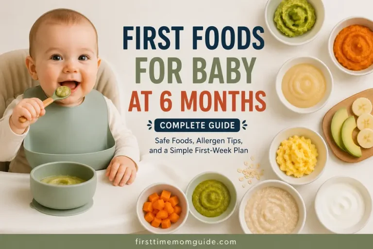 First foods for baby at 6 months featured with a smiling baby, healthy purees, fruits, and vegetables in a complete guide cover image for starting solids safely.