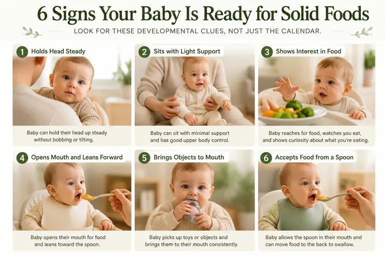 6 signs your baby is ready for solid foods infographic featuring real babies showing head control, sitting support, food interest, spoon readiness, and self-feeding skills.