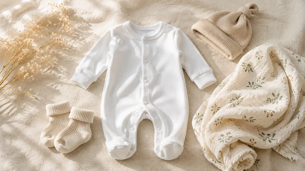 Newborn coming home outfit with white onesie, knit hat, muslin swaddle, and baby socks on a cream linen background.