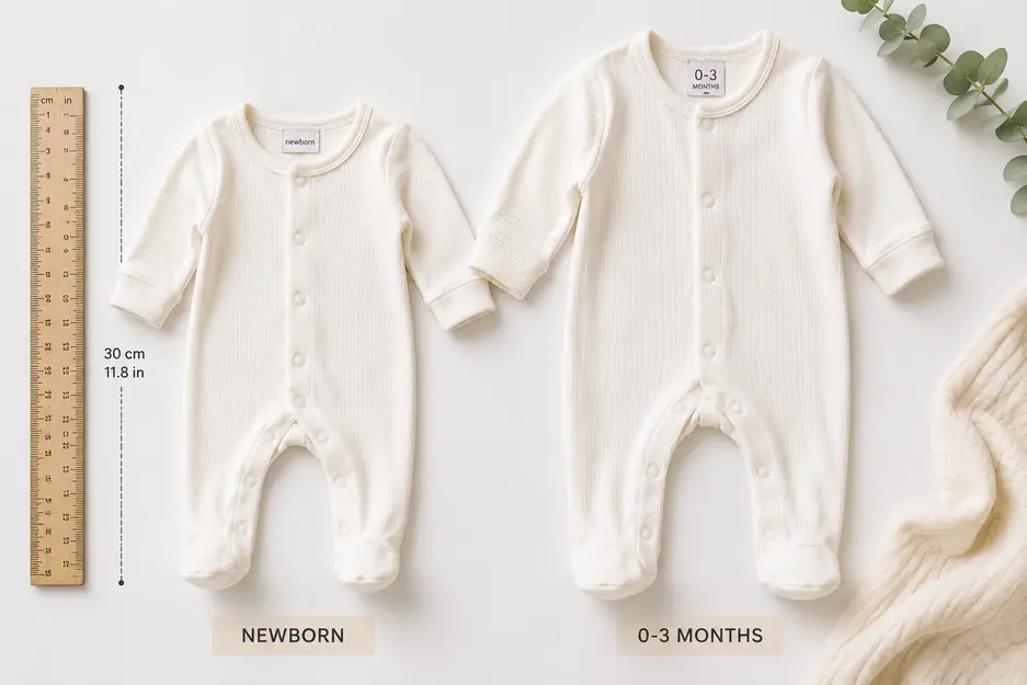 Newborn vs 0-3 month onesie size comparison showing two baby sleepers side by side with visible size labels and ruler for scale on a white background.