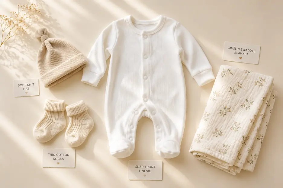 Newborn coming home outfit with snap-front onesie, knit hat, cotton socks, and muslin swaddle blanket on a cream background.