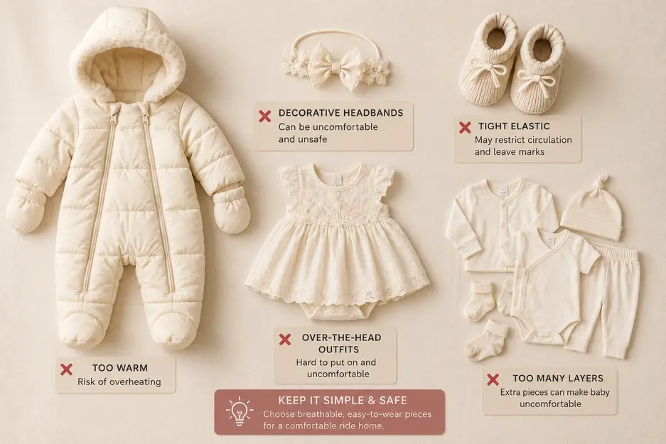 Newborn coming home outfit items to avoid, featuring a puffy snowsuit, decorative headband, tight-elastic booties, over-the-head dress, and bulky outfit set.