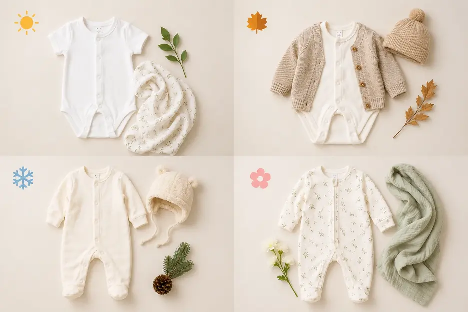 Newborn coming home outfit by season comparison showing summer onesie, autumn layers, winter footed sleeper, and spring cotton outfit