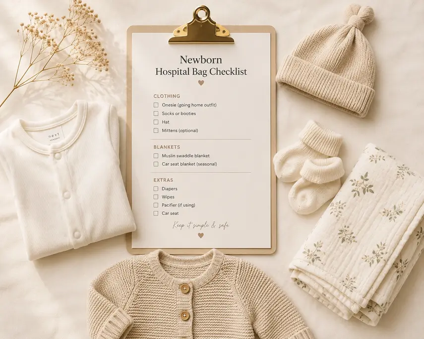 Printable newborn coming home outfit checklist with a baby onesie, knit hat, cotton socks, muslin swaddle blanket, and cardigan laid out neatly.