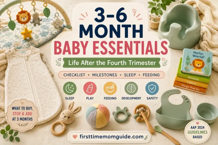 3-6 Month Baby Essentials guide featuring sleep products, feeding tools, developmental toys, milestones, and safety essentials for babies aged 3 to 6 months.