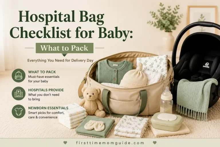 Hospital bag checklist for baby featuring an open hospital bag packed with newborn essentials, diapers, swaddle blanket, knit hat, baby bottle, and a properly installed infant car seat.
