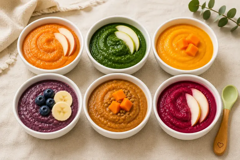 Baby food combinations that make babies ask for more featuring colorful fruit and vegetable purees in six bowls on a cream linen background.