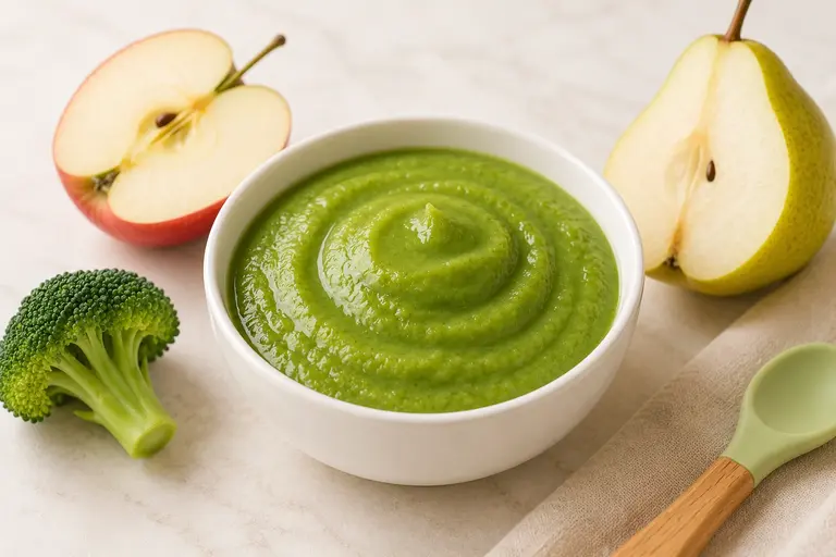 Baby food combinations that make babies ask for more featuring broccoli, apple and pear puree in a bright green bowl