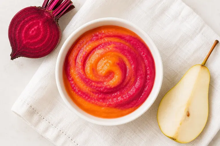 Baby food combinations that make babies ask for more featuring a colorful beet and pear puree with a marbled swirl