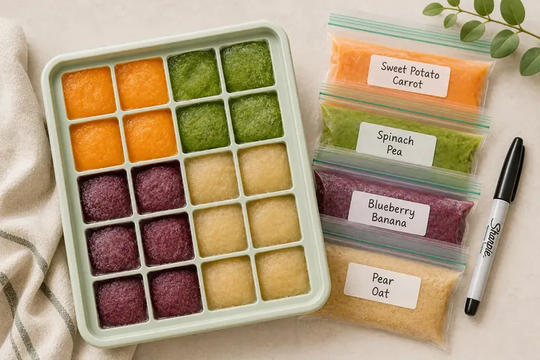 Baby food combinations that make babies ask for more stored as frozen puree cubes in a silicone tray for easy meal prep.