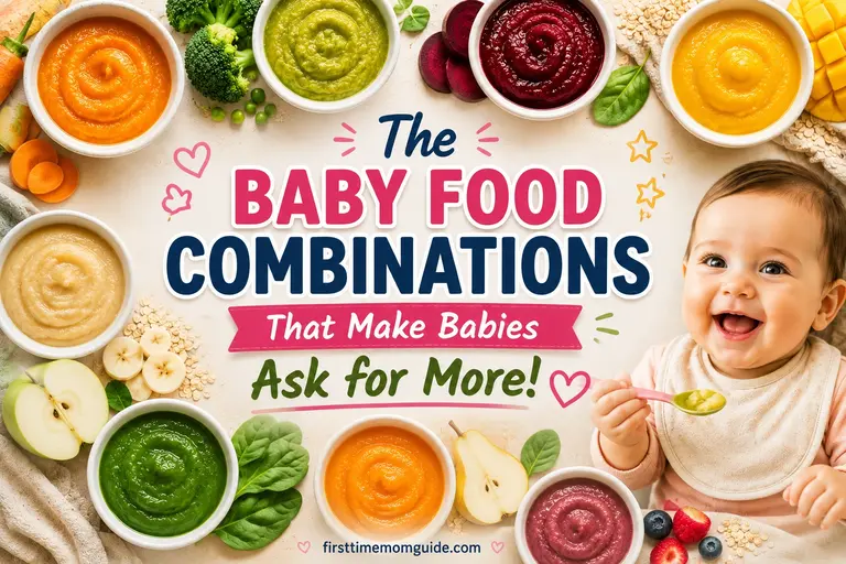 Baby food combinations that make babies ask for more featuring colorful puree bowls and a smiling baby in a bright featured image.