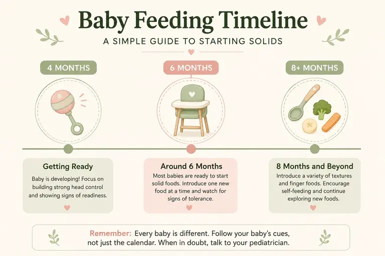 When can my baby start eating real food? Timeline infographic showing 4-month, 6-month, and 8+ month solid food milestones.