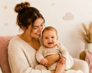 First-time mom holding her smiling baby in a cozy nursery with warm natural light and soft pastel decor.