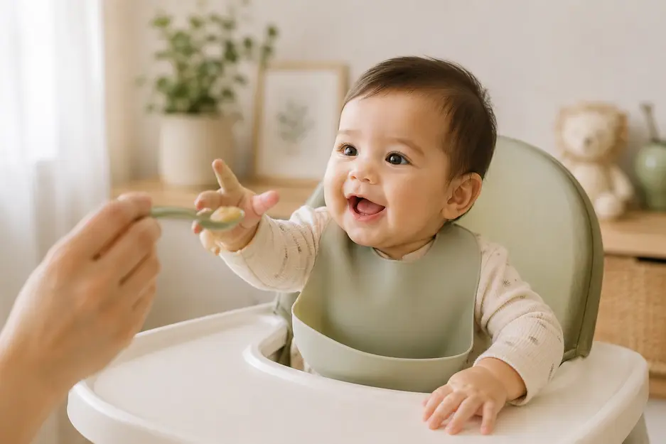 Baby showing readiness signs for solids by sitting upright, reaching for a spoon, and showing interest in food at 6 months old.