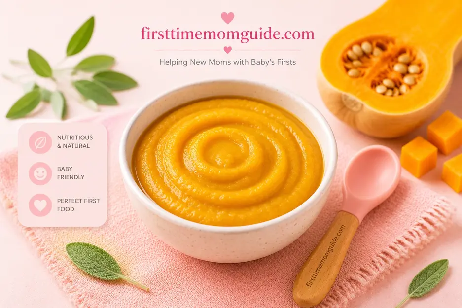Homemade butternut squash puree for babies with pink spoon, healthy 6 month first food recipe.
