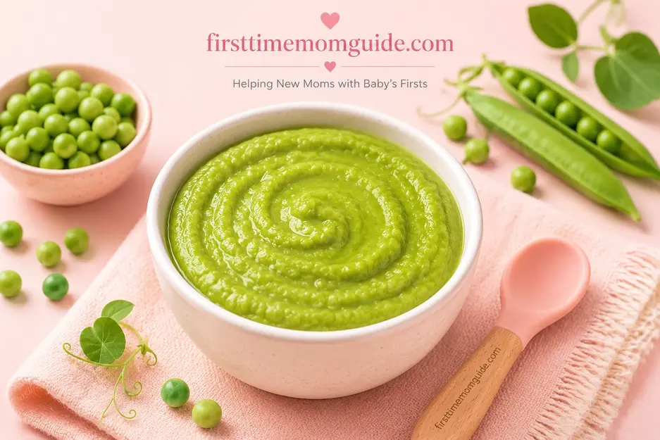 Homemade pea puree for babies with fresh green peas and pink spoon, healthy first food for baby-led weaning.