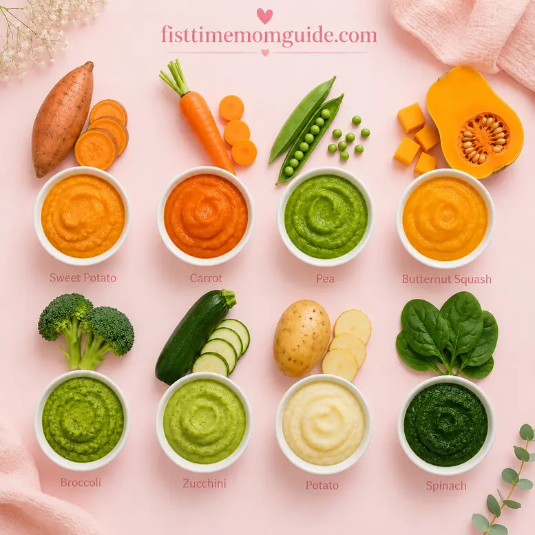 8 homemade baby food purees for babies – sweet potato, carrot, peas, squash, broccoli, zucchini, potato and spinach first foods.
