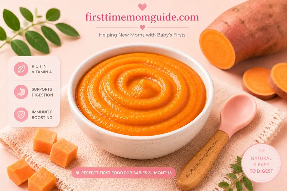 Homemade sweet potato puree for babies with pink spoon, healthy first food for baby-led weaning.