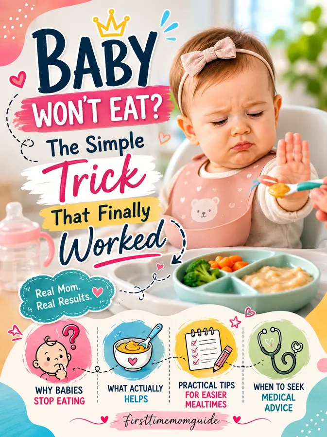 Baby refusing food during mealtime while a parent offers a spoon, with tips on feeding challenges, healthy eating habits, and expert guidance.