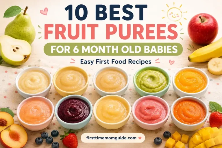 10 best fruit purees for 6 month old babies, featuring banana, apple, pear, avocado, mango, and prune recipes.