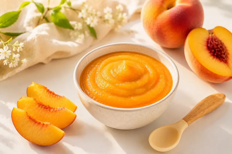 Homemade peach puree for baby made with ripe peaches, naturally sweet first fruit for babies starting solids at 6 months old.