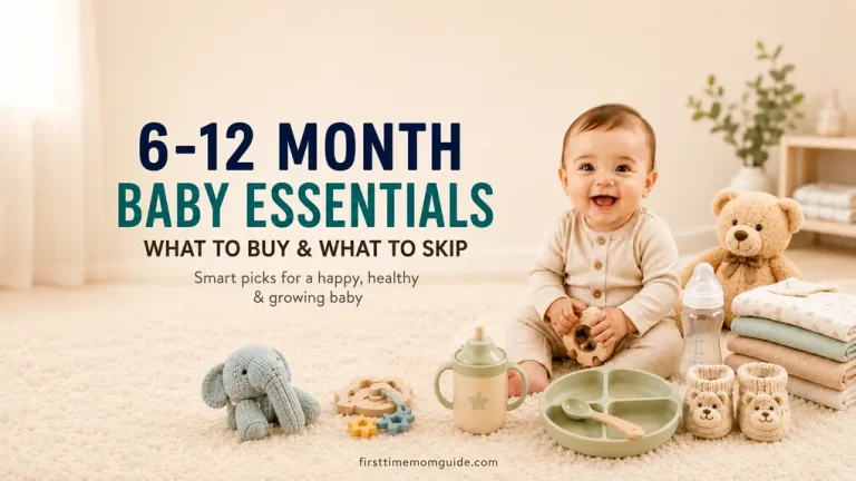 6-12 month baby essentials feature image with smiling baby, feeding items, sleep, safety, play, travel icons, and nursery essentials on a soft cream background.