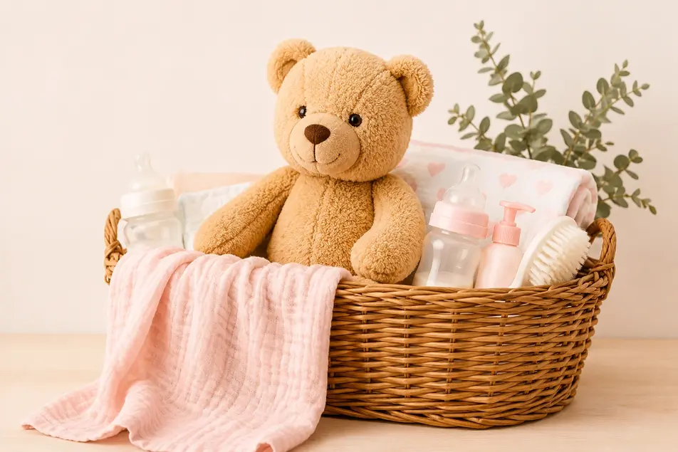 Cute teddy bear in a wicker basket with baby bottles, blanket and newborn essentials in a cozy nursery.