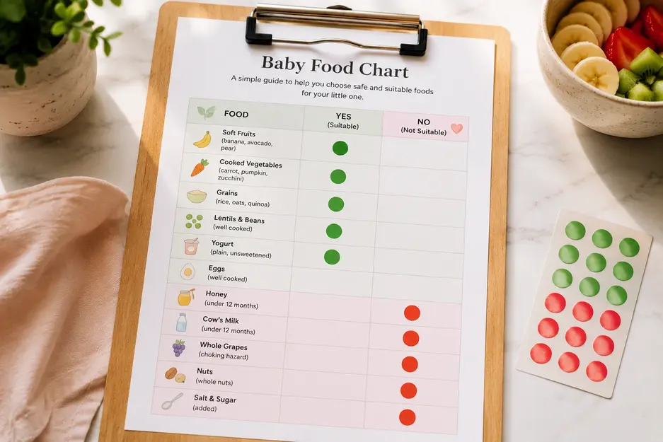 Baby food chart comparison showing age-appropriate foods and foods to avoid before 12 months in an easy-to-follow feeding guide.