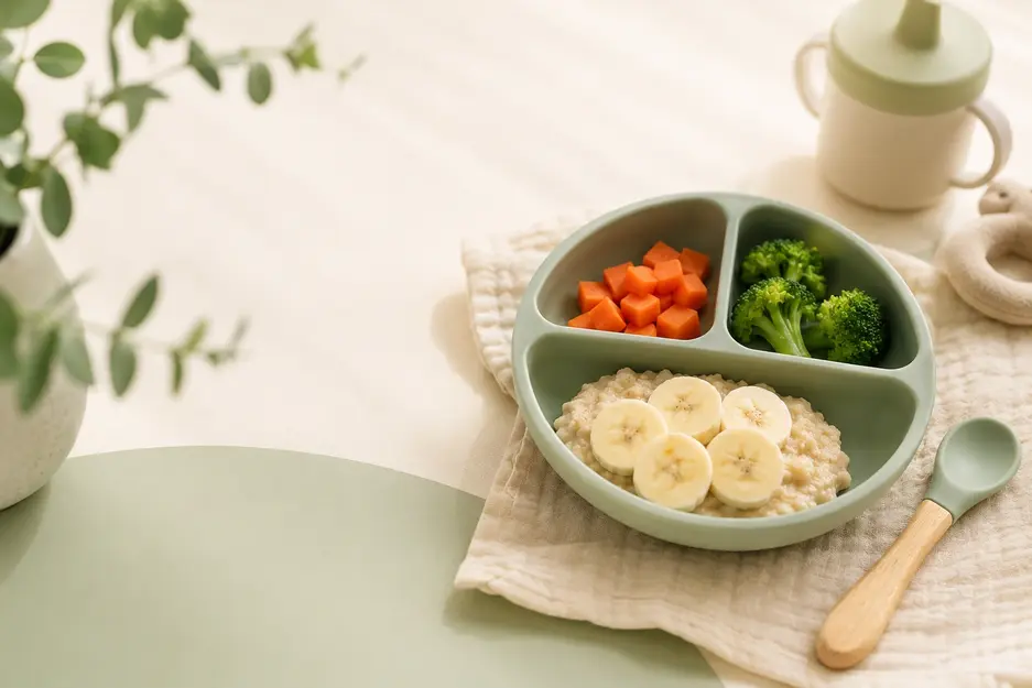 Baby food chart featuring balanced baby meal ideas with soft vegetables, oats, and fruit for babies aged 6 to 12 months