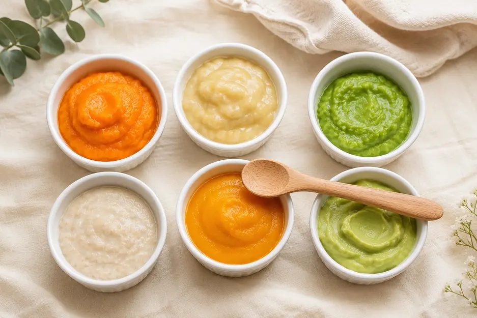 First foods for baby at 6 months displayed in six white ceramic bowls with sweet potato, banana, peas, oat cereal, carrot, and avocado on cream linen.