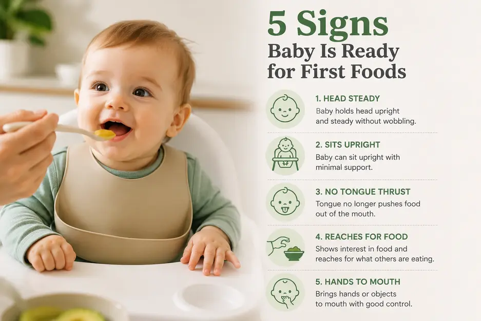 5 signs baby is ready for first foods infographic with a smiling baby in a high chair showing head control, sitting upright, reaching for food, and self-feeding readiness.