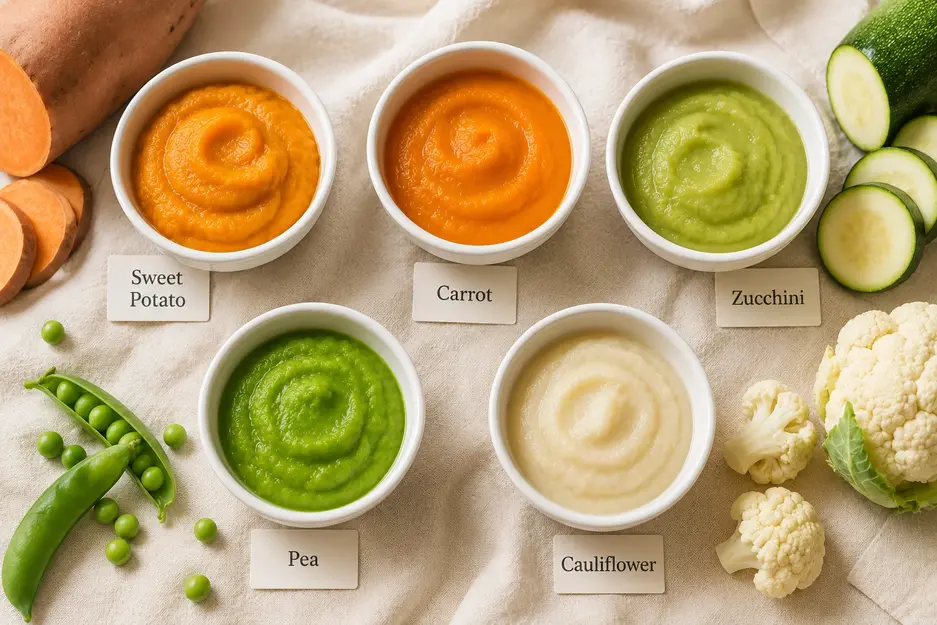 First foods for baby at 6 months with smooth vegetable purees including sweet potato, carrot, zucchini, peas, and cauliflower in white bowls on cream linen.