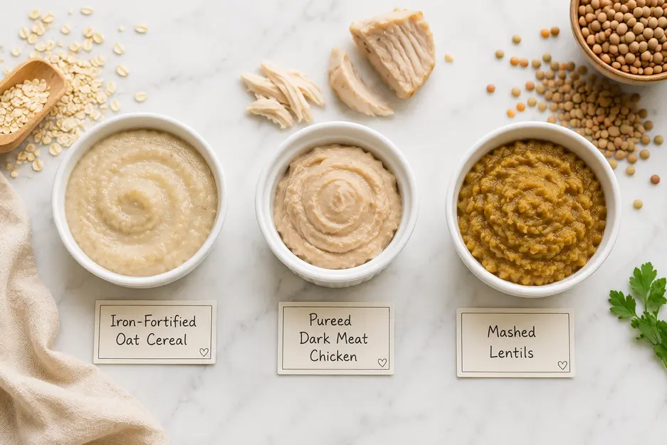 First foods for baby at 6 months featuring iron-rich oat cereal, pureed chicken, and mashed lentils in white bowls on a white marble background.
