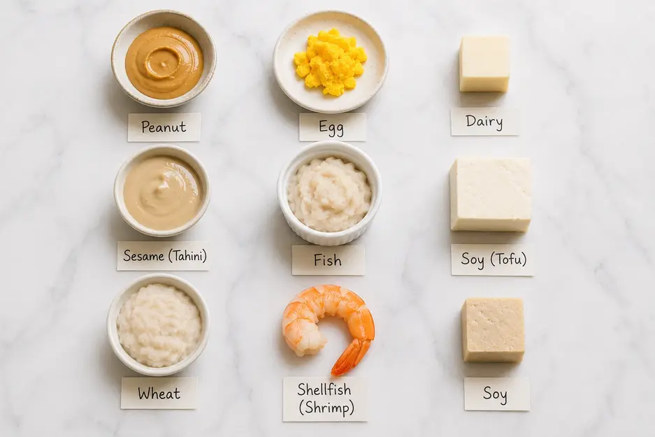 First foods for baby at 6 months showing common allergen foods including peanut butter, egg, cheese, tahini, fish, tofu, wheat porridge, shrimp, and soy.
