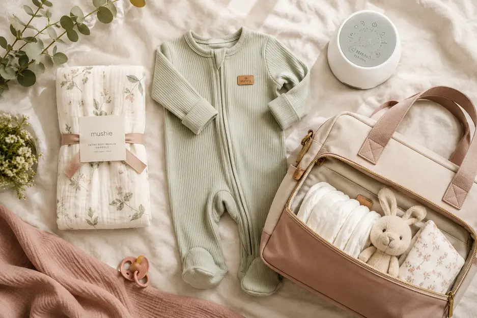 Baby essentials flat lay featuring a muslin swaddle, footed sleeper, white noise machine, and diaper bag on warm cream linen with soft natural light.