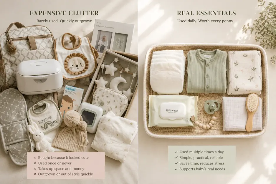 Baby essentials comparison showing unused baby gadgets on one side and practical everyday newborn essentials on the other in a minimalist flat-lay.