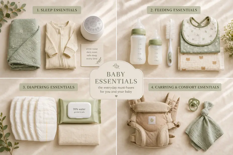 Baby essentials organized into sleep, feeding, diapering, and comfort categories in a minimalist flat-lay on cream linen with natural daylight.
