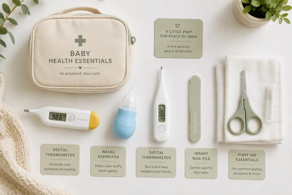 Baby health essentials kit with a rectal thermometer, nasal aspirator, infant nail file, digital thermometer, and first aid pouch on a clean white surface.